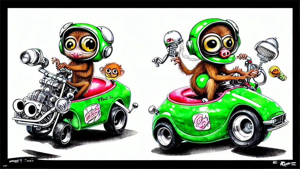 Image similar to cute and funny, tarsier wearing a helmet riding in a hot rod with oversized engine, ratfink style by ed roth, centered award winning watercolor pen illustration, isometric illustration by chihiro iwasaki, edited by range murata, tiny details by artgerm and watercolor girl, symmetrically isometrically centered