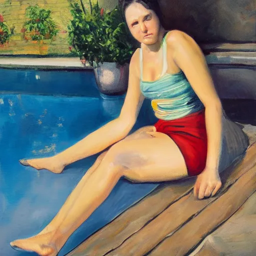 Image similar to oil painting of a young woman in a tanktop sitting by the pool