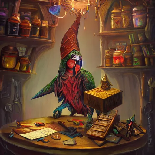 Image similar to Magic the gathering artwork of Anthropomorphized parrot trader in his shop, shelves full, selling a gem, portrait, items, magic potions, carpet, window, fancy funny hat, sly expression , cunning expression, cute expression, presenting magic gem, D&D, fantasy, cinematic lighting, highly detailed, digital painting, artstation, concept art, smooth, sharp focus, illustration, warm light, cozy warm tint, magic the gathering artwork, volumetric lighting, 8k, no gold, no gold colours, art by Akihiko Yoshida and Greg Rutkowski