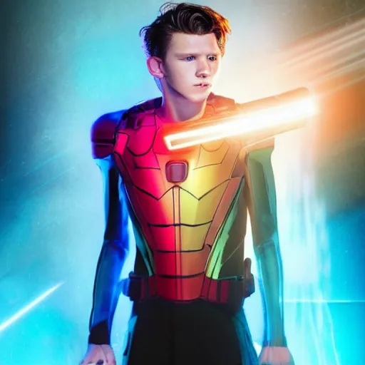 Prompt: tom holland as an android, sci-fi fantasy, full body, futuristic, white background, bright camera flash lighting, shiny glossy skin, bright cyan colored eyes