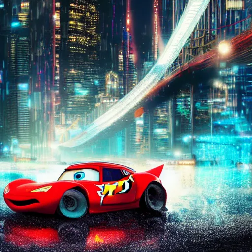 Prompt: lightning mcqueen driving on wet sand on beach, evening, cyberpunk city in the background, photo, 4 k, highly detailed