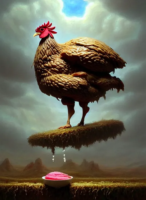 Image similar to a hyper - detailed 3 d render like a oil painting of the 🐔🍧🍼🍄🗿👤🎨, surrealism!!!!! surreal concept art, lifelike, photorealistic, digital painting, aesthetic, smooth, sharp focus, artstation hd, by greg rutkowski, chris tulloch mccabe, valentina remenar and asher duran,