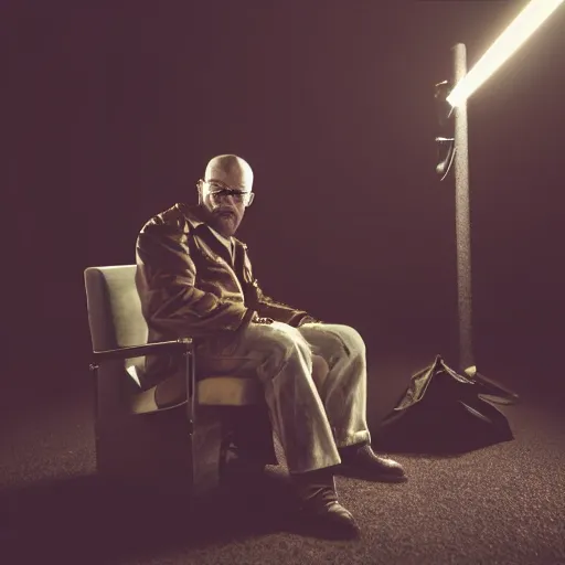 Prompt: walter white sat on his chair infront of cocaine, extreme detail, studio light, photorealistic, gritty, movie still, cinematic, smoke, soft focus, well edited, 8 k, sunglasses, atmospheric, dark, leather jacket