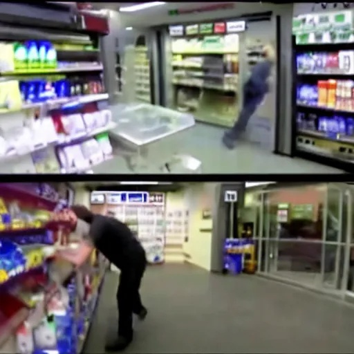 Prompt: mark zuckerberg committing armed robbery of a convenience store security camera footage