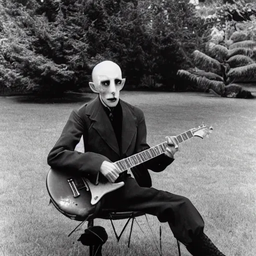 Prompt: vintage photograph of count orlok crouched on the lawn outside his castle, playing the blues on guitar, 4 k