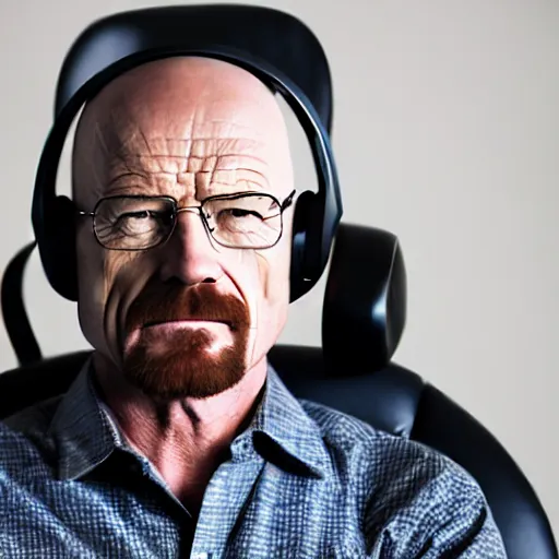 Prompt: professional head shot of walter white wearing a gaming headset and sitting in a gaming chair in a bedroom, 8 k, dslr, very detailed, very intricate,