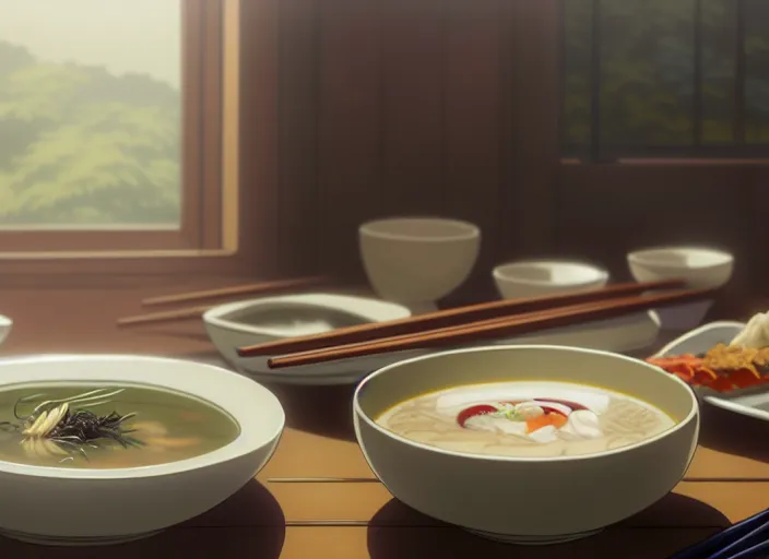 Image similar to a film still portrait of a bowl with miso soup, finely detailed features, closeup at the food, perfect art, at a dinner table, gapmoe yandere grimdark, trending on pixiv fanbox, painted by greg rutkowski makoto shinkai takashi takeuchi studio ghibli, akihiko yoshida