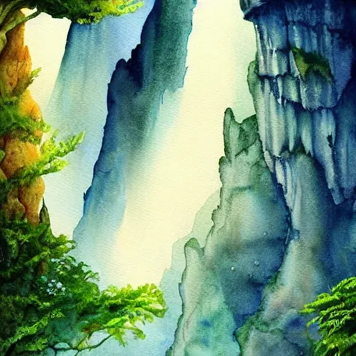 Image similar to beautiful lush natural scene on another planets cliffs, with interesting creatures. different than earth but beautiful. lightfall. beautiful detailed artistic watercolor. trending on artstation and deviantart.