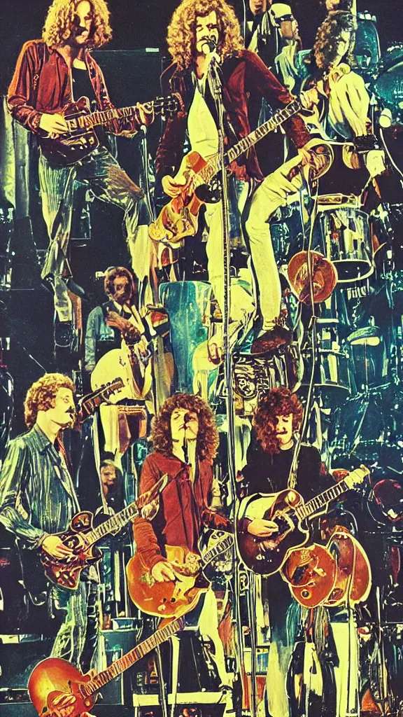 Image similar to Led Zeppelin concert poster circa 1969, Madison Square Garden, colorized, Robert plant, Jimmy Page, guitars, drum kit, art nouveau style, highly detailed