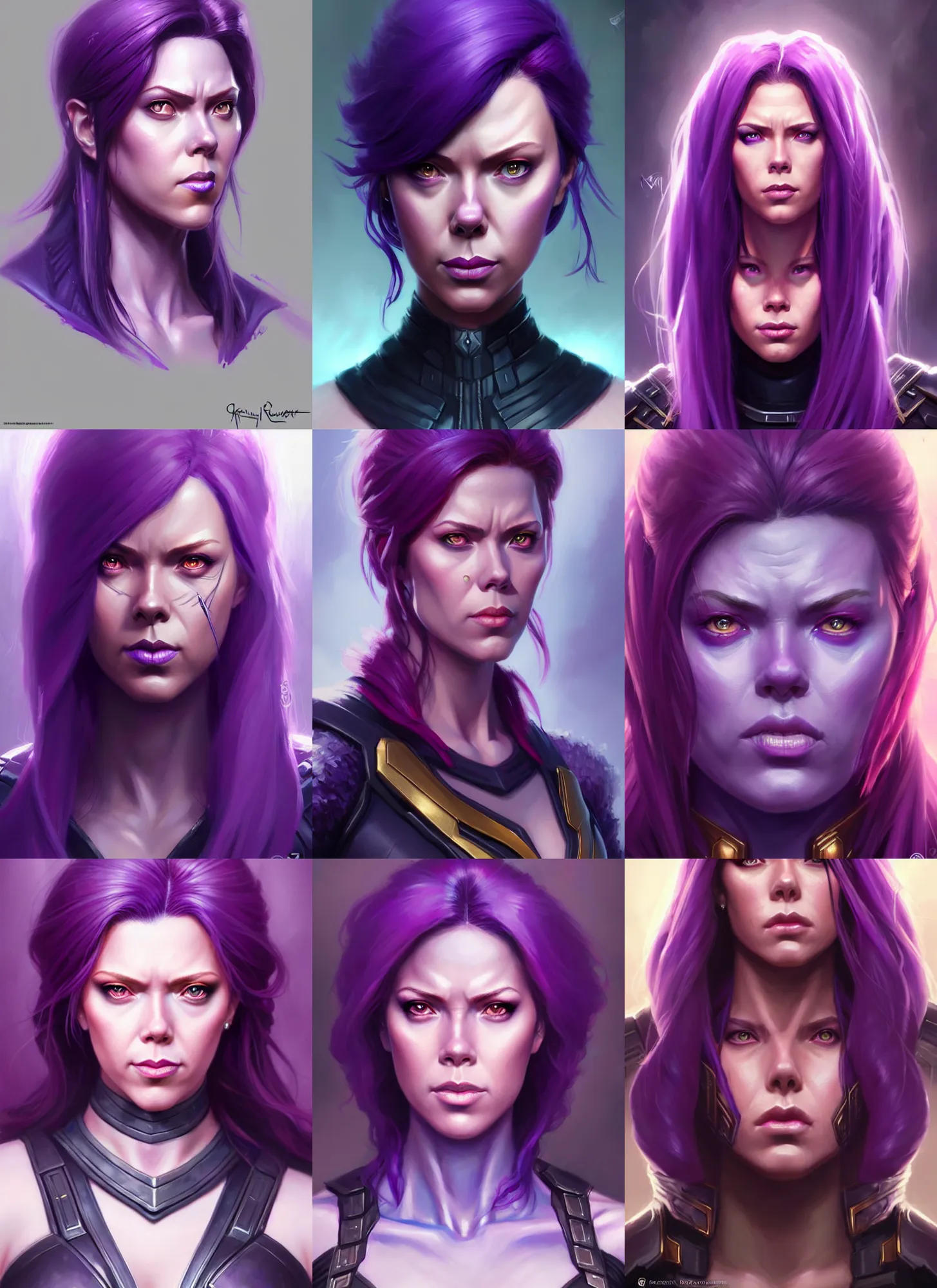 Prompt: a fantasy style portrait painting a character if natasha romanoff and thanos had a daughter, purple skin, powerful chin, thanos style traits, painting, unreal 5, daz., rpg, portrait, extremely detailed, artgerm greg rutkowski _ greg