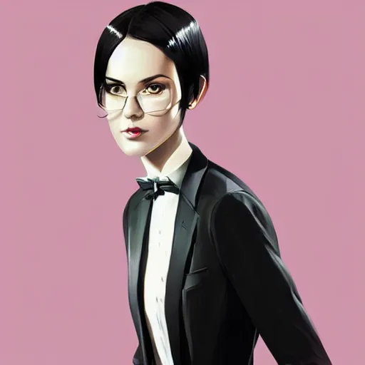 Image similar to slim girl in tuxedo with short black hair, elegant, 2d, ultra highly detailed, digital painting, smooth, sharp focus, artstation, portrait art by Ilya Kuvshinov