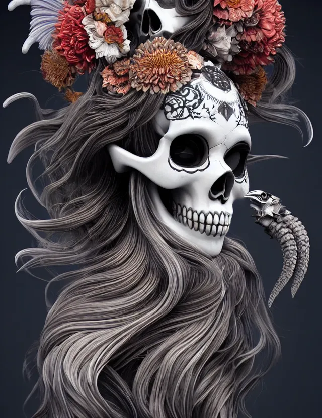 Image similar to 3 d goddess skull half - turn portrait with long hair with ram skull. beautiful intricately detailed japanese crow kitsune mask and clasical japanese kimono. betta fish, jellyfish phoenix, bio luminescent, plasma, ice, water, wind, creature, artwork by tooth wu and wlop and beeple and greg rutkowski