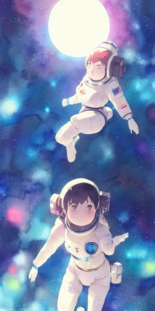 Image similar to oriental water color of a cute thicc astronaut woman, floating through space, backlit, by makoto shinkai and krenz cushart