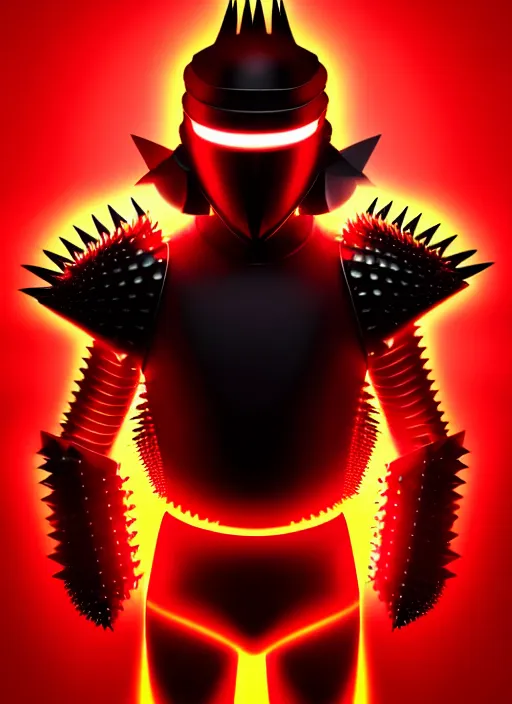 Image similar to a striking cinematic full body manga portrait of a long black haired masked male teenager wearing imposing red jagged spiked plate armour and glowing with raging powerful red energy by hirohiko araki and beeple, fine details, digital art, character concept art, volumetric lighting, cinematic light, photorealistic