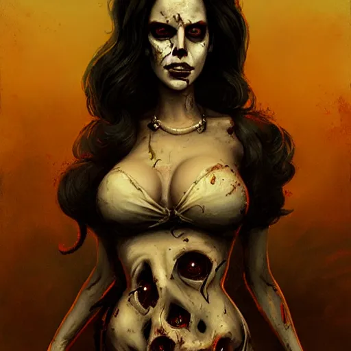 Prompt: slim and beautiful lana del rey as a zombie, 7 days to die zombie, gritty background, fine art, award winning, intricate, elegant, sharp focus, cinematic lighting, digital painting, 8 k concept art, art by michael hussar, art by brom, art by guweiz and z. w. gu, 8 k