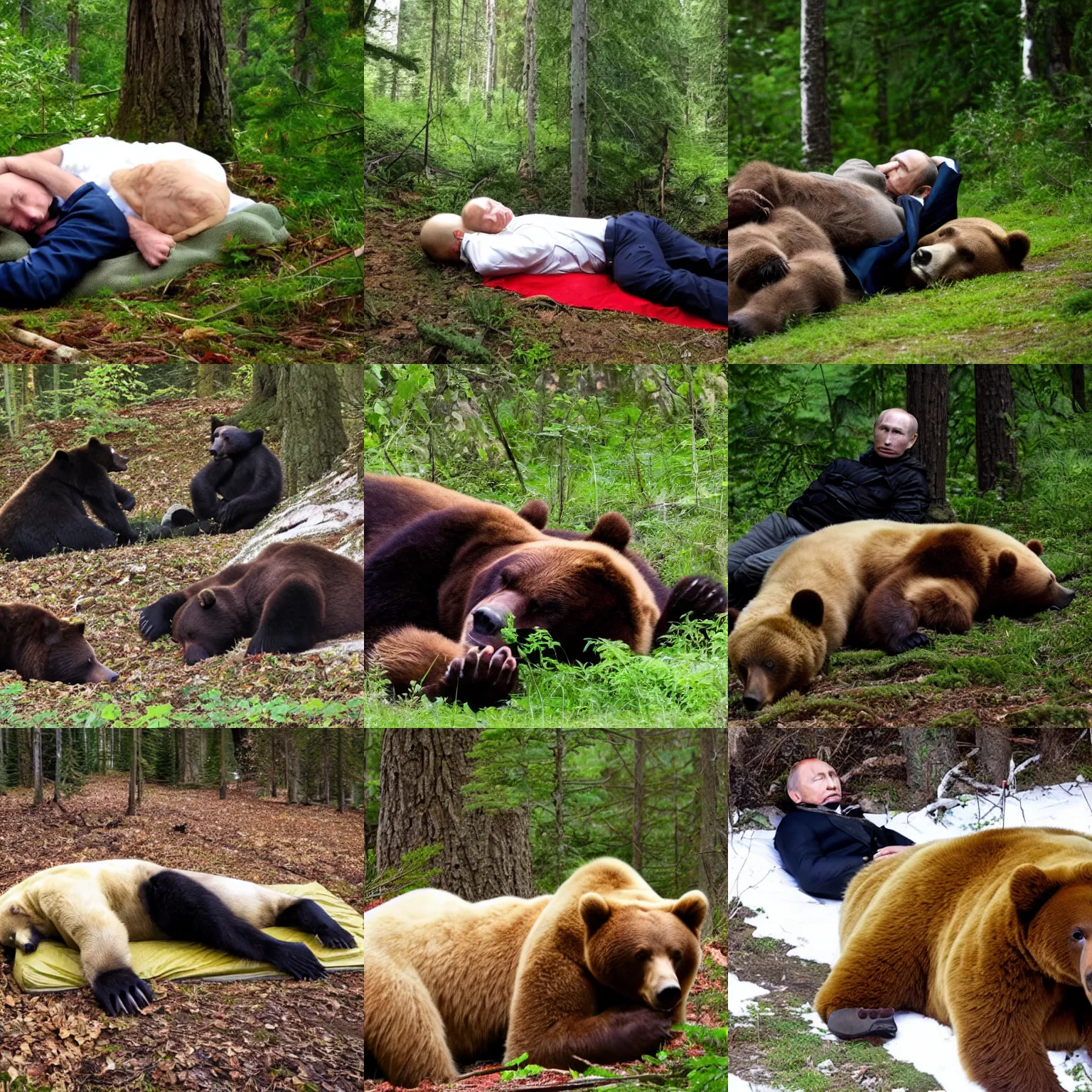 Prompt: putin sleeping in the forrest surrounded be bears