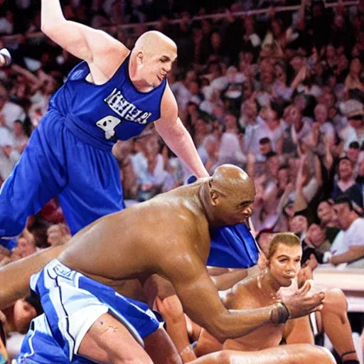 Image similar to the legendary hero aaron carter defeating shaq