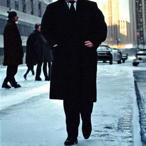 Prompt: 1 9 9 8 andy richter wearing a black wool coat and necktie slipping on ice in the streets of chicago at 3 pm in winter.