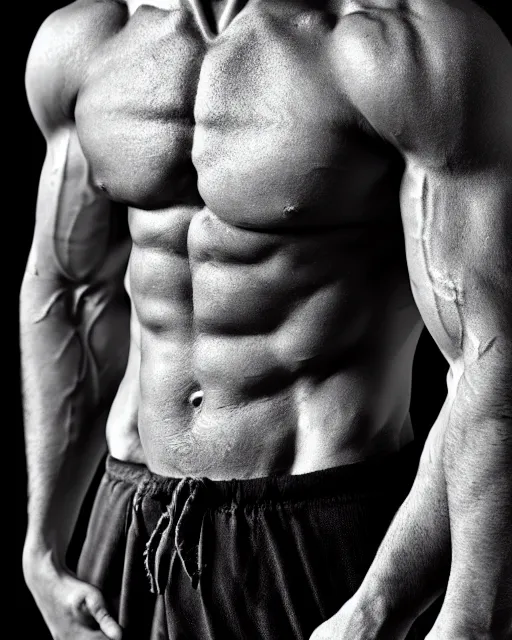 Prompt: extreme closeup of anonymous abdominal muscles, wearing shorts and highcut top, very sweaty, backlit, studio lighting, intricate detail, beautiful composition, extremely muscly bodybuilder by frank frazetta