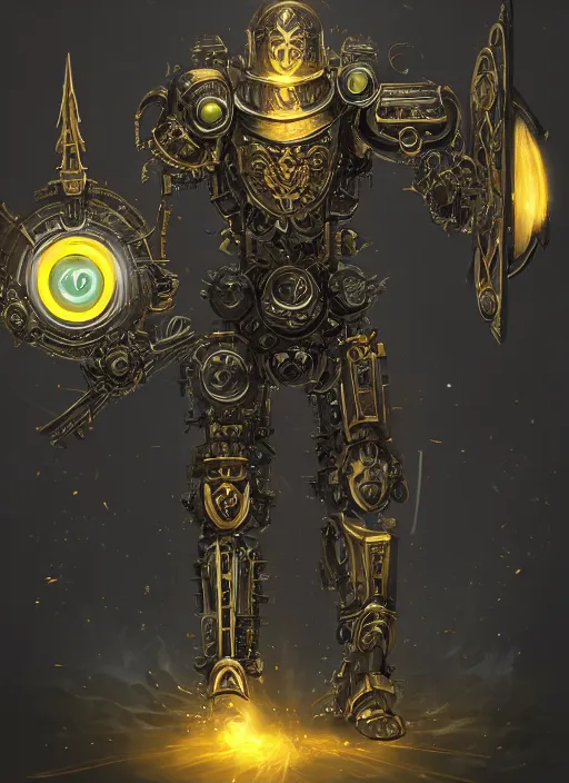 Image similar to full body, attack position abstract portrait of a intricate ornate holy mechanical warforged with circular glowing eye, character in yellow armor holding a legendary paladin engraved great longsword drawn and carrying a huge heavy paladin shield, vertically flat head, face in focus, epic , trending on ArtStation, masterpiece, cinematic lighting, by Ross Tran and by Greg Rutkowski