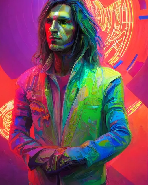 Prompt: colorful portrait of a male hippie with cybernetics, but set in the future 2 1 5 0 | highly detailed | very intricate | symmetrical | professional model | cinematic lighting | award - winning | painted by mandy jurgens | pan futurism, dystopian, bold psychedelic colors, cyberpunk, anime aesthestic | featured on artstation