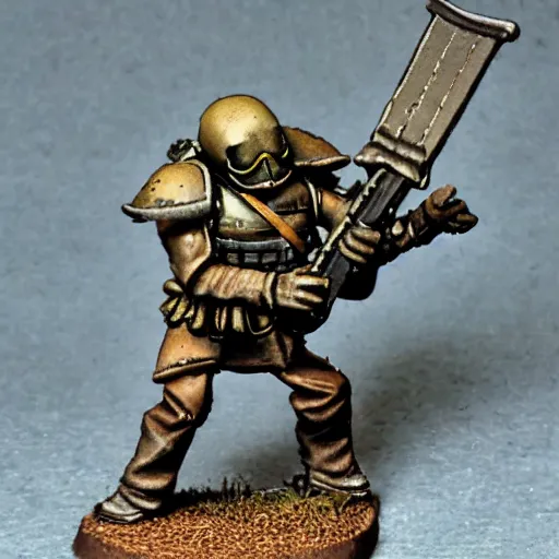 Prompt: an excited Death Korps of Kreig soldier wearing grey and wielding a shovel