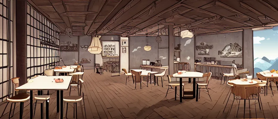 Prompt: a beautiful interior view illustration of a small roasted string hotpot restaurant of baota mountain in yan'an city, animation illustrative style, from china, restaurant theme wallpaper is tower and mountains, rectangle white porcelain table, black chair, simple style structure decoration design, victo ngai, james jean, 4 k hd