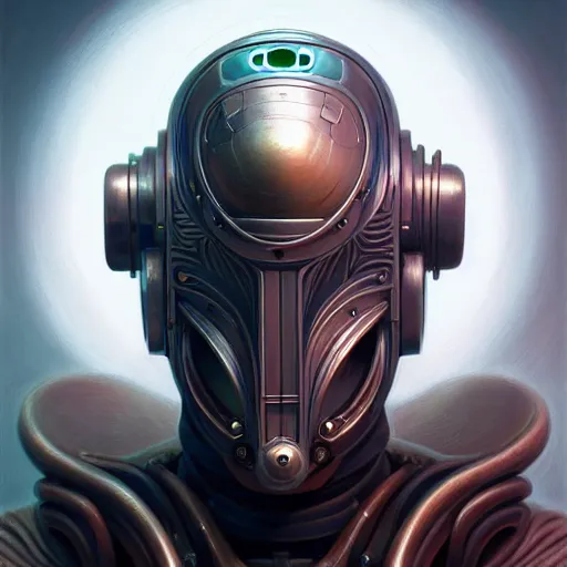 Image similar to low angle portrait shot of a cyberpunk gazmask robot character, intricate, elegant, highly detailed, centered, digital painting, artstation, concept art, smooth, sharp focus, illustration, artgerm, Tomasz Alen Kopera, Peter Mohrbacher, donato giancola, Joseph Christian Leyendecker, WLOP, Boris Vallejo