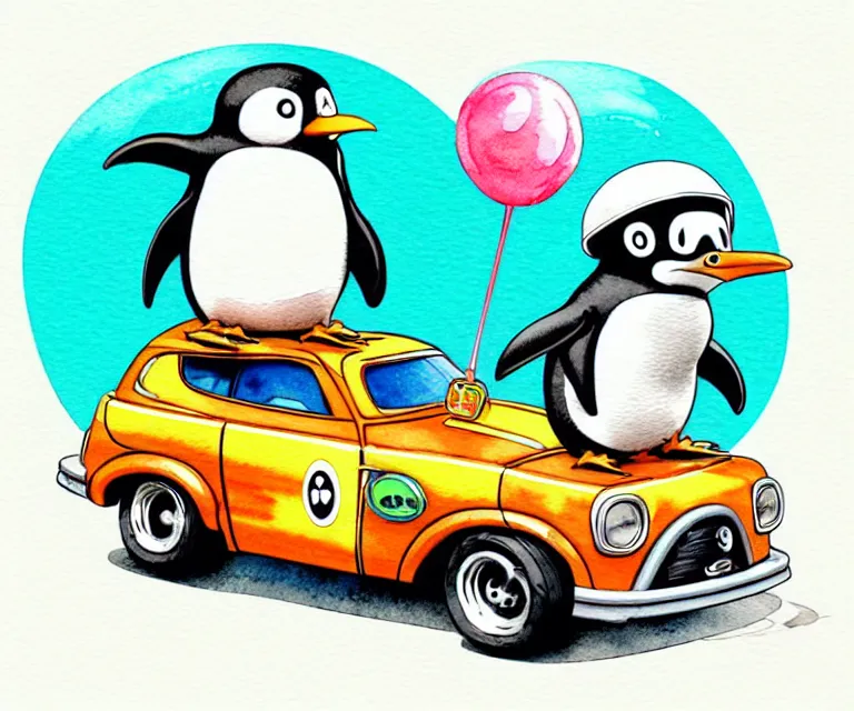 Image similar to cute and funny, penguin wearing a helmet riding in a tiny hot rod with an oversized engine, ratfink style by ed roth, centered award winning watercolor pen illustration, isometric illustration by chihiro iwasaki, edited by range murata, tiny details by artgerm and watercolor girl, symmetrically isometrically centered, sharply focused