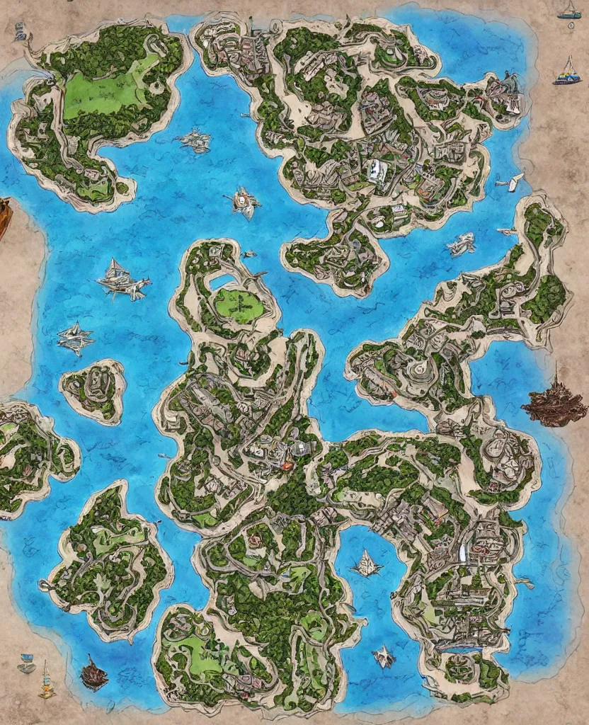 Image similar to dnd shoreline port town and docks with islands, hand painted and drawn map