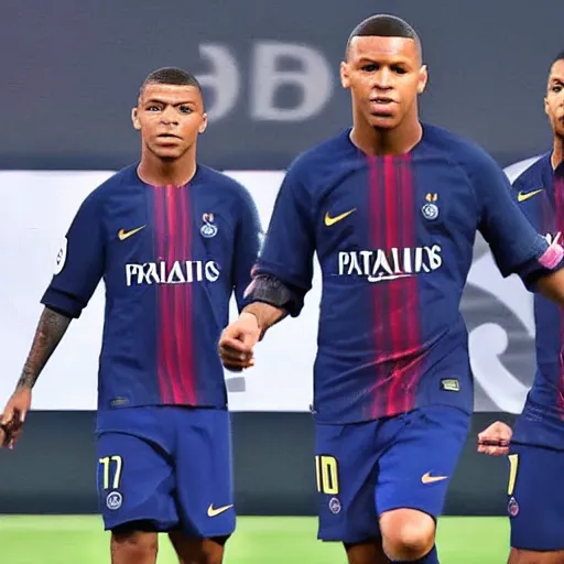 Image similar to messi ronaldo neymar and mbappe playing together for paris saint-germain 4k very detailed realistic