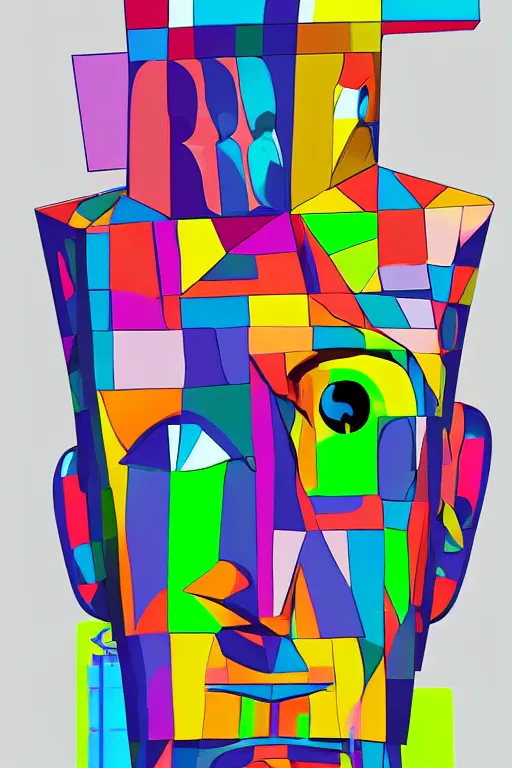 Image similar to cubist moai statue cutout digital illustration cartoon colorful beeple