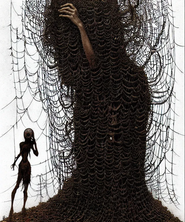 Image similar to a woman standing all covered in spiders. illustration of arachnophobia, fear of spiders, incredible number of spiders and bugs. extremely high details, realistic, horror, creepy, web, masterpiece, art by zdzislaw beksinski, arthur rackham, dariusz zawadzki