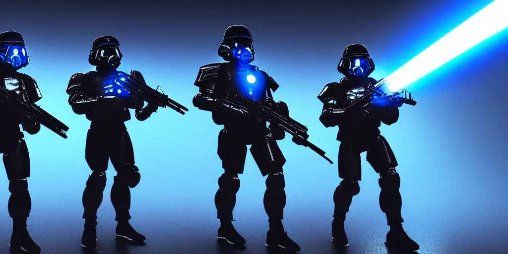 Image similar to A very detailed sketch of two soldiers with blue laser rifles wearing black power armour with blue sprites and full helmets with blue visors, night, fog, a complicated chrome-plated spaceship with blue lights in the background, realistic 4k octane beautifully detailed render, 4k post-processing, highly detailed, intricate complexity, epic composition, magical atmosphere, cinematic lighting, masterpiece, ultra hd