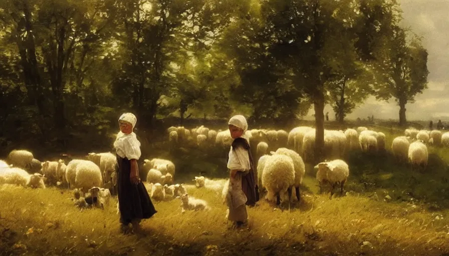 Prompt: simple amish shepherd and children with flocks of sheep in open fields, art by anders zorn, wonderful masterpiece by greg rutkowski, beautiful cinematic light, american romanticism thomas lawrence, greg rutkowski