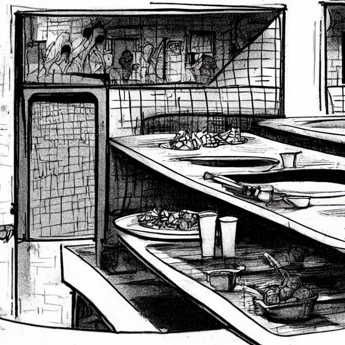 Prompt: close - up on poor quality food, water, and gruel : on a table. background : insterior of a dirty automated kiosk, black tiles on walls. black and white, pencil and ink. by gabriel hardman, joe alves, chris bonura. cinematic atmosphere, detailed and intricate, perfect anatomy