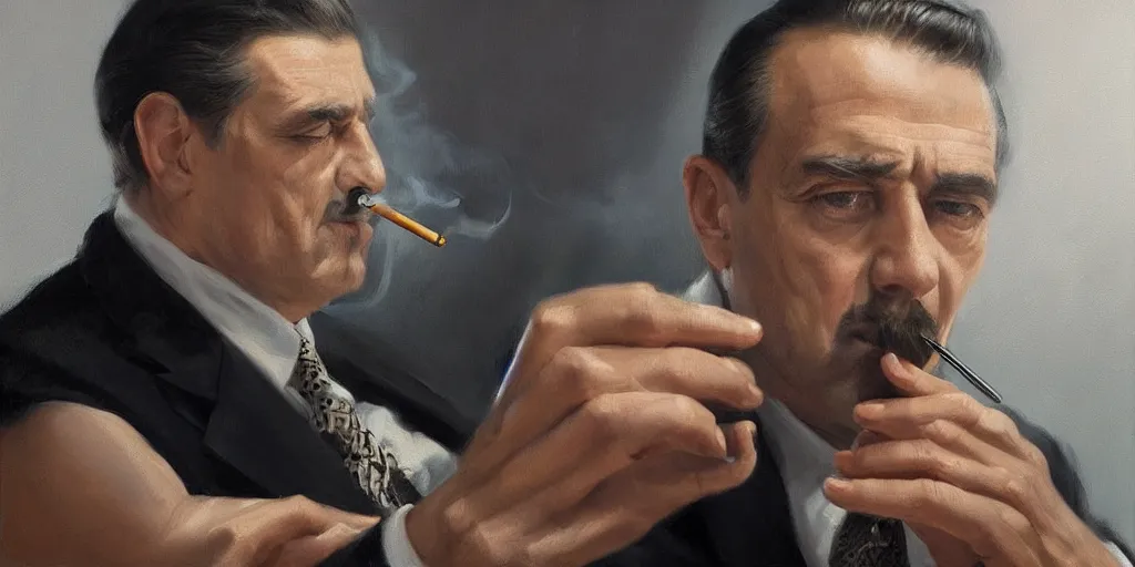 Image similar to beautiful oil matte portrait painting, mafia boss smoking at his 5 0 s new york office desk, wonderful masterpiece highly detailed, beautiful cinematic light deep focus, elegant, digital painting, smooth, sharp focus, golden ratio, dramatic illumination, ultra realistic, 8 k, art by jimmy law