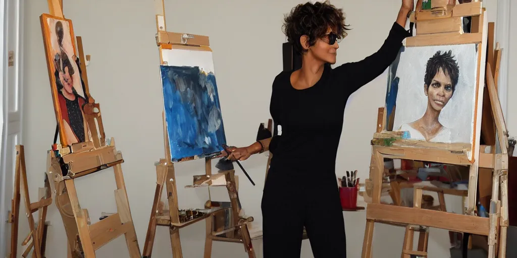 Prompt: halle berry, stands at her easel, painting a self portrait