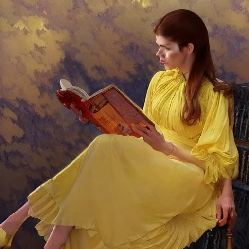 Prompt: anna kendrick wearing a yellow dress and reading a book, masterpiece, intricate, elegant, highly detailed, digital painting, artstation, concept art, smooth, sharp focus, illustration, art by artgerm and greg rutkowski and alphonse mucha and uang guangjian and gil elvgren and sachin teng, symmetry!!