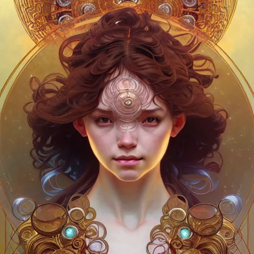 Image similar to Portrait of a girl surrounded by floating orbs, face, fantasy, intricate, elegant, highly detailed, digital painting, artstation, concept art, smooth, sharp focus, illustration, art by Hajime Sorayama and Fernanda Suarez and Artem Demura and alphonse mucha