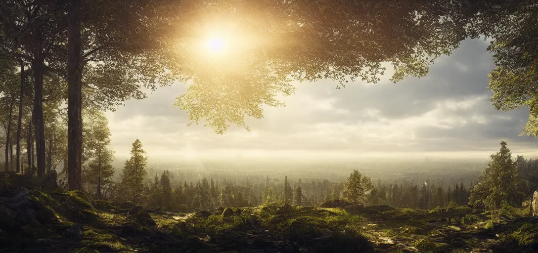 Prompt: beautiful view from the top of a forest looking out into the white city in the distance, a mystical atmosphere, dappled light, reflections, light rays. refraction, symmetry, cinematic lighting, ultra detailed, sharp, ambient occlusion, bloom, raytracing, by dylan cole, sebastian meyer and jordan grimmer