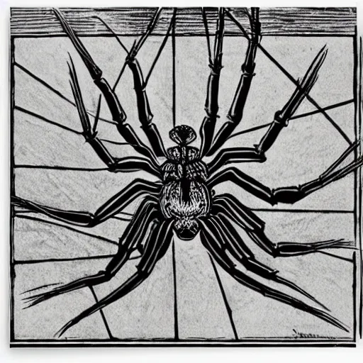 Prompt: a spider in an empty room, colored woodcut, poster art, by Mackintosh, art noveau, by Ernst Haeckel