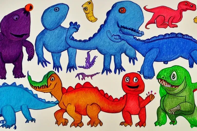 Prompt: A young child's crayon drawing of all the different kinds of dinosaurs holding hands