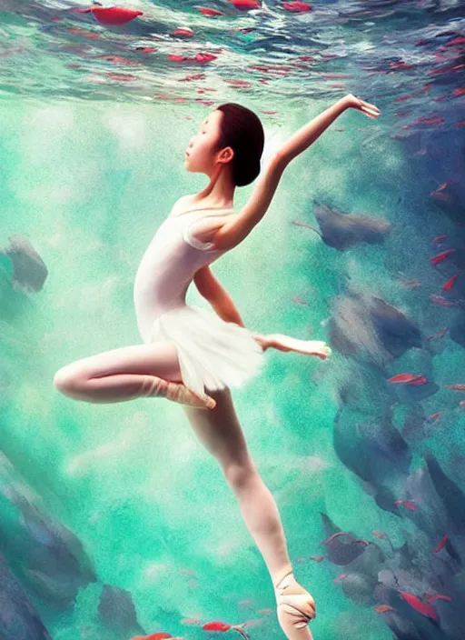 Image similar to stunningly beautiful, asian prima ballerina at the bottom of the great barrier reef, smooth, focus, highly detailed, hyper realistic, dramatic lighting, intricate, concept art, art by wlop, mars ravelo