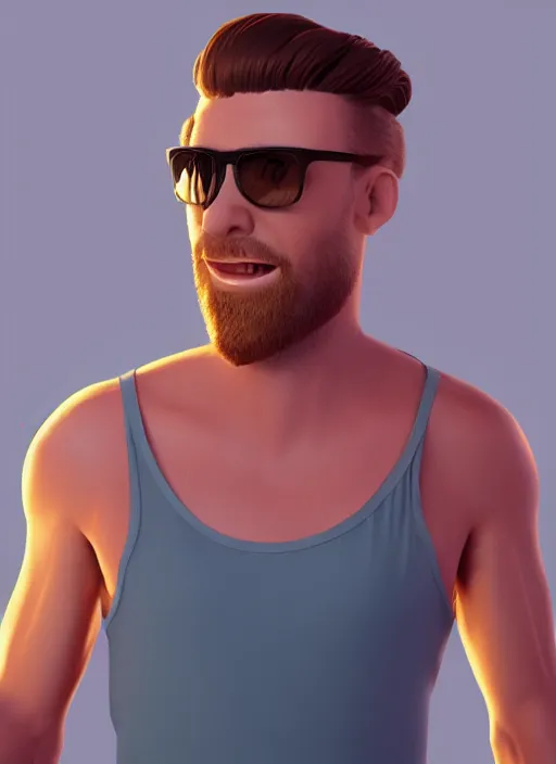 Prompt: 3 2 - year - old man, short stubble, fitness tank, sun glasses, character design, octane render, by artstation, 8 k, artbreeder