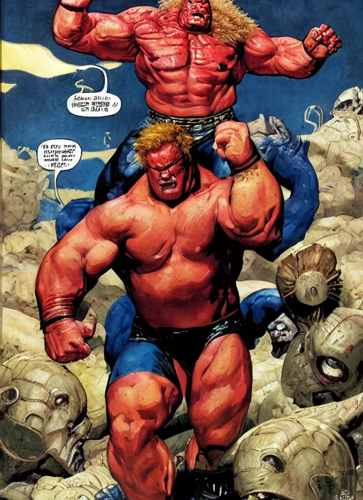 Image similar to full body and head portrait of brock lesnar as marvel juggernaut vs the thing, dynamic action, painted by norman rockwell and phil hale and greg staples and tom lovell and frank schoonover and jack kirby