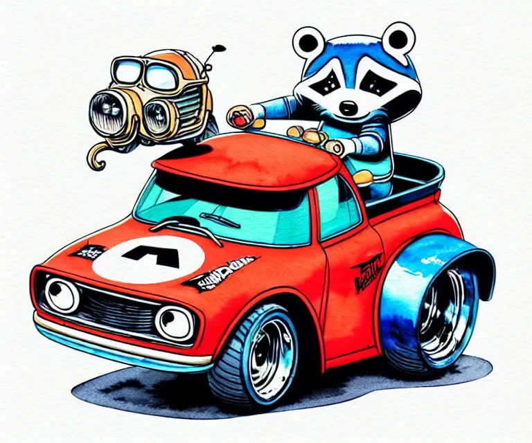 Image similar to cute and funny, racoon wearing a helmet riding in a tiny hot rod with oversized engine, ratfink style by ed roth, centered award winning watercolor pen illustration, isometric illustration by raymond edmonds, edited by range murata, tiny details by artgerm, symmetrically isometrically centered