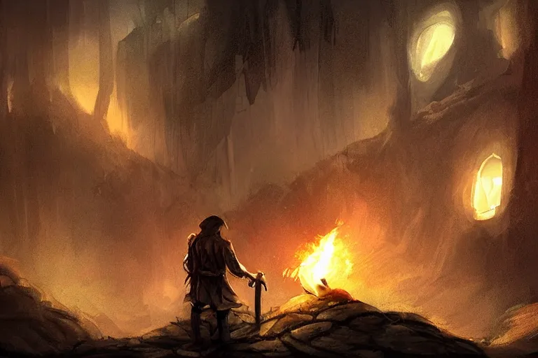 Image similar to concept art, mood painting, environment painting, man holding torch dark ruined mineshaft lotr. style of ryan church, jon mccoy, george hull, painting