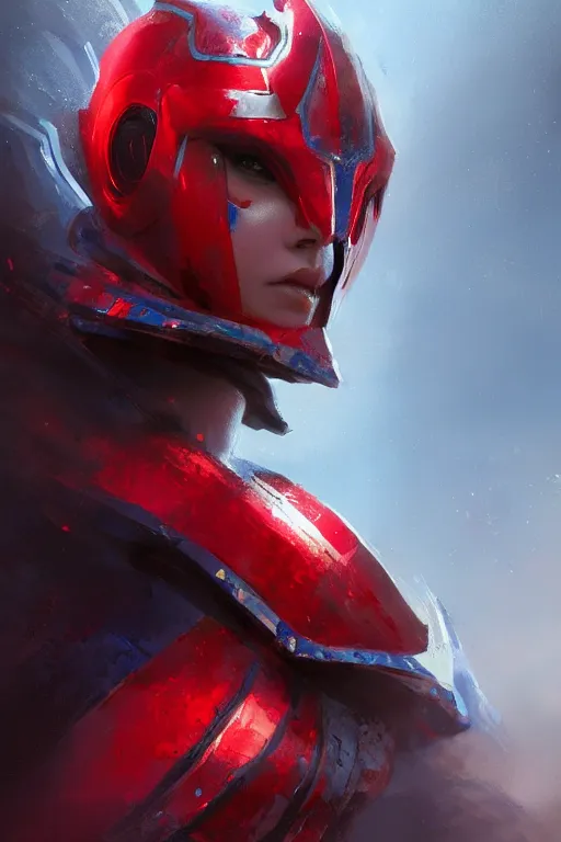 Prompt: red and blue armor, portrait, armor girl, fiight, battle, beautiful eyes and face, high detail, concept art, digital art, art of greg rutkowski, trending on artstation, trending on deviantart, 4 k,