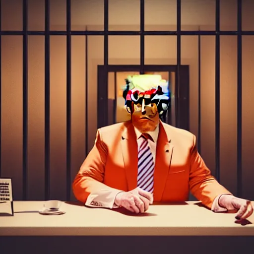 Image similar to “Donald trump sitting at a prison table surrounded by convicts in orange jumpsuits, he looks sad and afraid, realistic, detailed portrait, 4K, octane render”